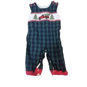 Lil Cactus Romper Boys 6-12M Green Plaid Truck Smocked Christmas Holiday Outfit